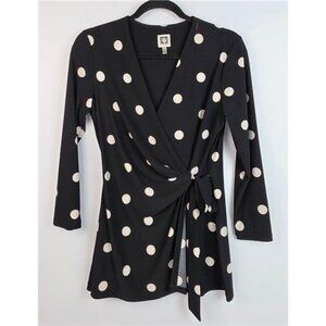 Anne Klein Faux Wrap Blouse Black Polka Dot Tie Side V Neck 3/4 Sleeve Size S